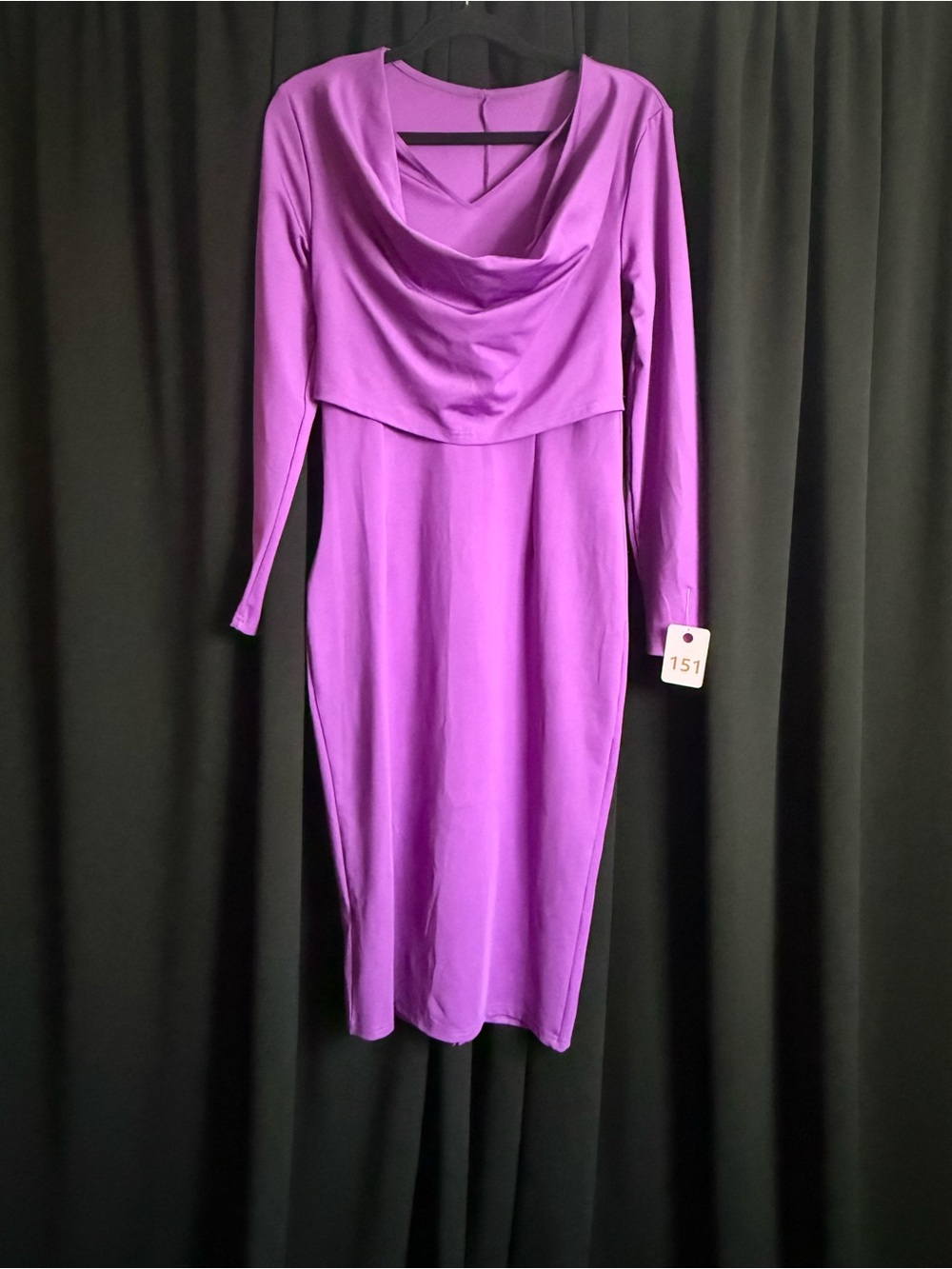 Long Sleeve Cowl Neck Midi Dress in Bright Purple